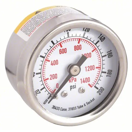 KVM Tools KV4FMT6 Commercial Pressure Gauge Corrosion-Resistant Case, 0 to 200 psi, 1 1/2 in Dial