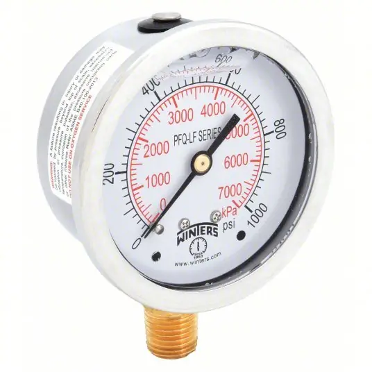 Winters PFQ809LF Lead-Free Pressure Gauge Liquid-Filled, 0 to 1,000 psi, 2 1/2 in Dial, 1/4 in NPT Male