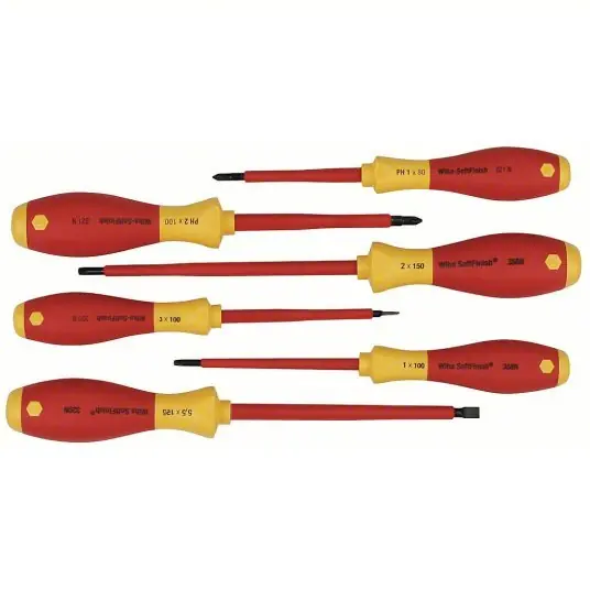 Wiha 35891 Insulated Screwdriver Set 6 Pieces, Phillips/Slotted/Square Tip, 1/8 in/7/32 in Tip Size