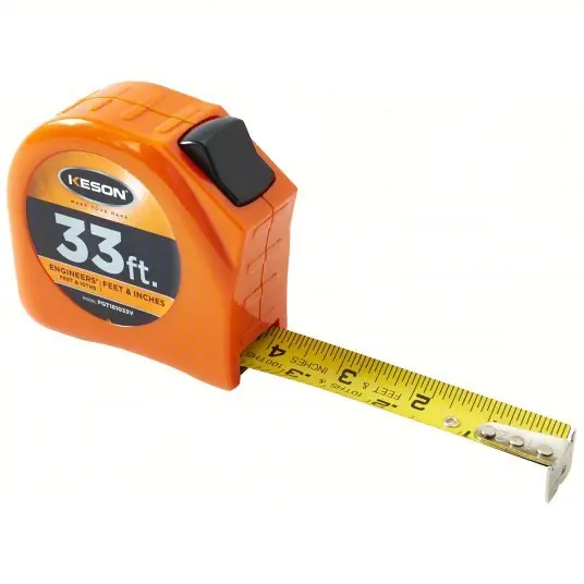 Keson PGT181033V Tape Measure Inch/Engineer‘s Scale, Nonmagnetic Single Hook Tip, Plastic, 33 ft, Std Blade