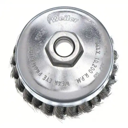 Weiler 93432 Cup Brush Twisted Stainless Steel, 2 3/4 in Dia, 0.02 in Fill Dia, 5/8"-11 Arbor