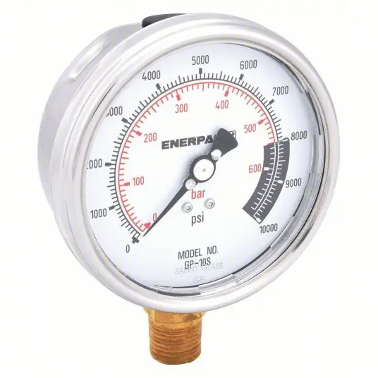 Enerpac GP10S Hydraulic Cylinder Pressure Gauge 0 to 10,000 psi psi, 4 in Dial, 1/2 in NPTF Male, Bottom