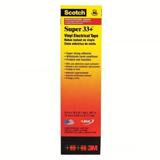 3M 33+SUPER-3/4X20FT Vinyl Electrical Tape, 3/4 in W x 20 ft L, 7 mil Thick, Black, Scotch Super 33+, 10 Pk