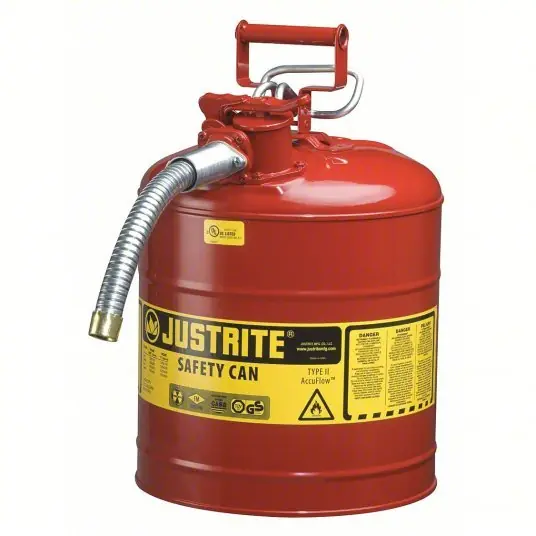 Justrite 7250130 Type II Safety Can For Use With Flammables, 5 gal Capacity, Includes 1 in OD Flex Hose