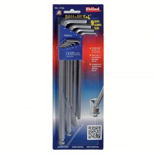 Eklind 17709 Hex Key Set Metric, Extra Long, 9 Pieces, Plastic Holder, Nickel Plated, 2 Tips