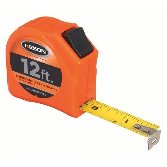 Keson PGT181012V Tape Measure Inch/Engineer‘s Scale, Nonmagnetic Single Hook Tip, Plastic, 12 ft, Narrow Blade