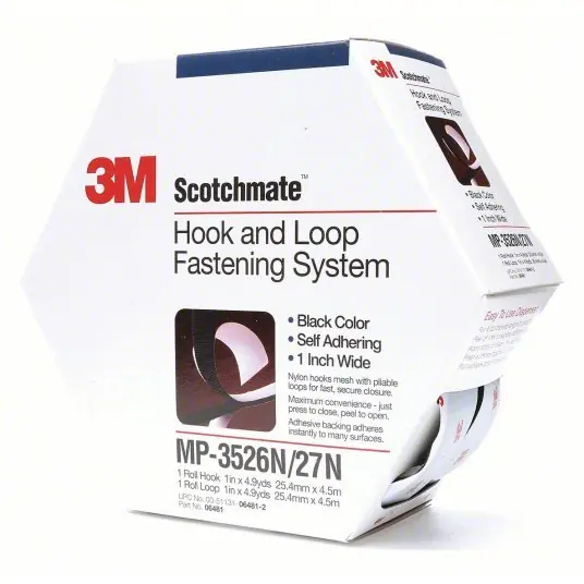 3M MP3526N/MP3527N Hook-and-Loop Fastener Roll, Black, Hook-and-Loop, 1 in Overall Wd, 14 11/16 ft Overall Lg