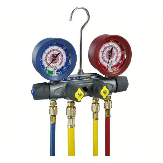 Yellow Jacket 46003 Manifold Gauge 4 Valves, 4 Hoses, Series BRUTE II, 3 1/8 in Gauge, For R-32/R-410A