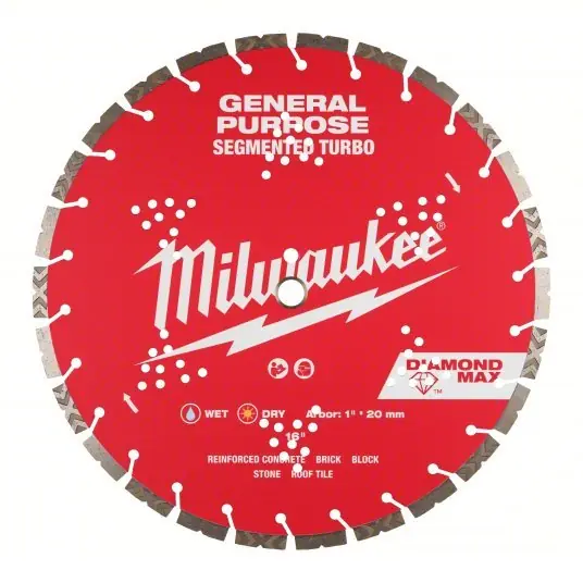 Milwaukee 49-93-9016 Diamond Saw Blade Block/Brick/Concrete/Stone, 16 in Blade Dia., 1 in Arbor Size, Wet/Dry