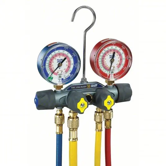 Yellow Jacket 49967 Manifold Gauge 4 Valves, 4 Hoses, Series Titan, 3 1/8 in Gauge