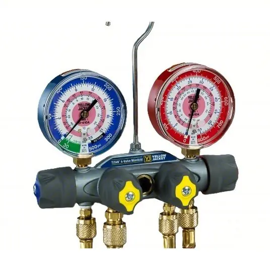 Yellow Jacket 49935 Manifold Gauge 4 Valves, Series Titan, 3 1/8 in Gauge, For R-134A/R-404A/R-407C
