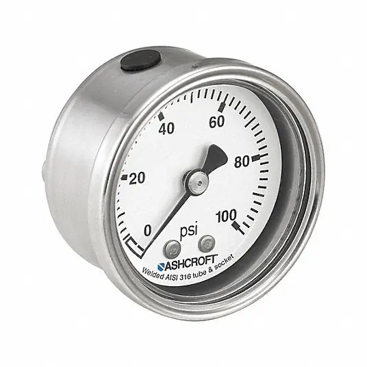 Ashcroft 501008S02B600 Pressure Gauge 0 psi / Hg to 600 psi, 2 in Dial, 1/4 in NPT Male, Center Back, 4X, IP66