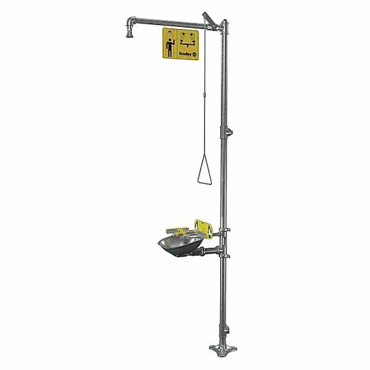 Bradley S19314BFSS Shower with Eyewash Floor Mnt, Uncovered, Stainless Steel Bowl, Stainless Steel Pipe