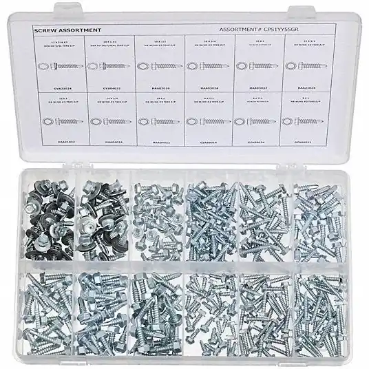 KVM Tools CPS1YY55GR Self-Drilling Screw Assortment Hex Washer, Zinc-Plated, Steel, External Hex, 295 Pieces, 12 Sizes