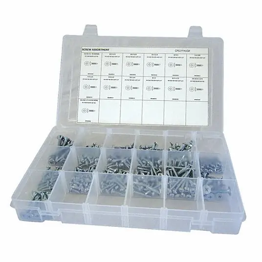 KVM Tools CPS1YY41GR Self-Drilling Screw Assortment Flat/Pan, Zinc-Plated, Steel, Phillips, 340 Pieces, 13 Sizes