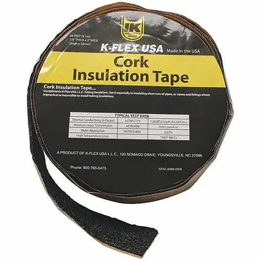 K-Flex 800-TAPE-CRK Pipe Insulation Tape Cork, 30 ft Overall Lg, 2 in Overall Wd, 130 mil Thick, Black