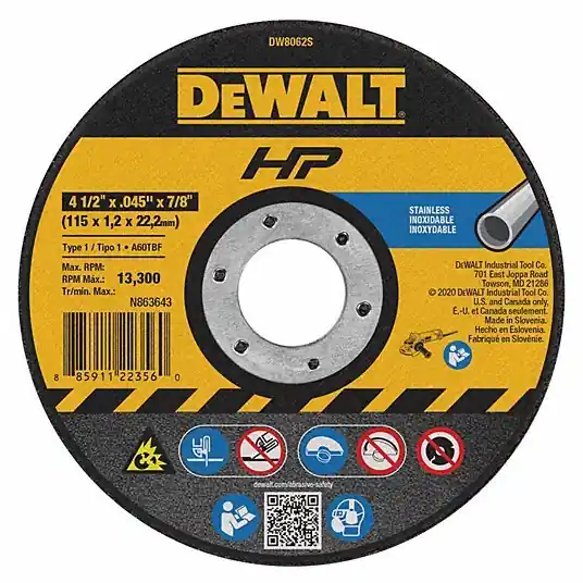 DeWalt DW8062S Abrasive Cut-Off Wheel Type 1, 4 1/2" x 0.045" x 7/8", Aluminum Oxide, 60 Grit, A60S