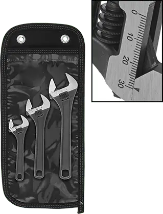 McMaster 4019N9 Black-Oxide Steel Adjustable Wrench Plain Grip, 3 Piece Set, 1-3/8" Jaw Capacity