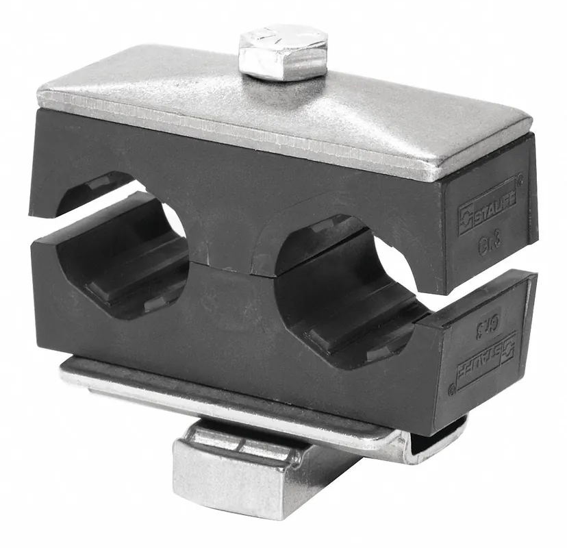 Stauff CRA-110/10-ACT-GD-AS-U-W5-K-642012 Twin Beta Clamp Kit, 10 mm Tube OD, Smooth Bore, 316 Stainless Steel, Polypropylene Cushion, Rail-Mount, 2 Lines
