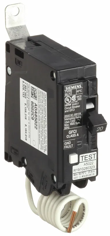 Siemens BF120A Miniature Circuit Breaker, GFCI, 20 A, 1 Pole, 120V AC, BF Series, 10 kA AIR