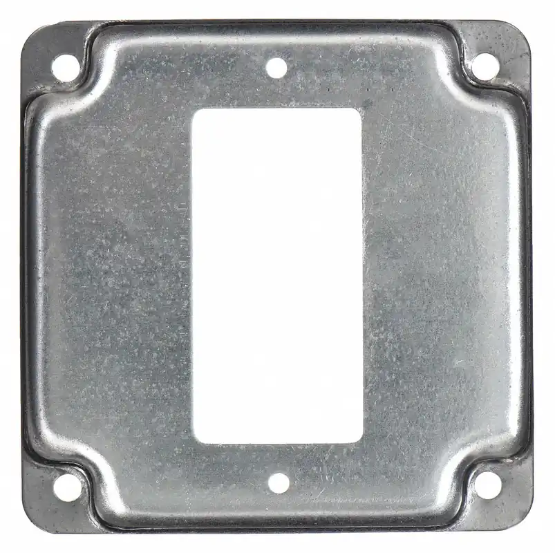 Raco 808C Electrical Box Cover, Square Box, 2-Gang, Galvanized Zinc, Duplex Receptacle, Crushed Corner