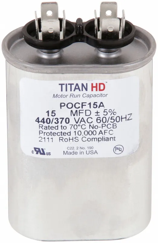Titan HD POCF15A Motor Run Capacitor, 15 MFD, 440/370V AC, Oval
