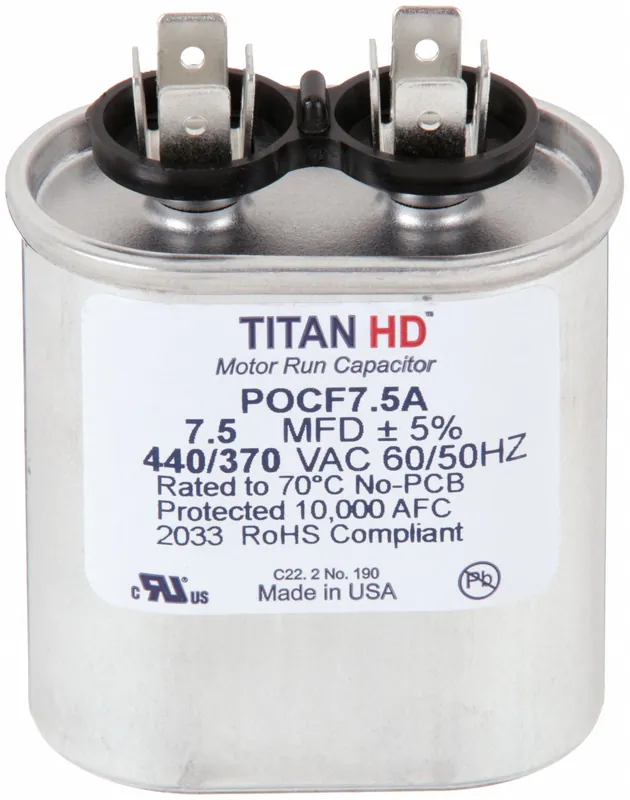 Titan HD POCF7.5A Motor Run Capacitor, 7.5 MFD, 440/370V AC, Oval