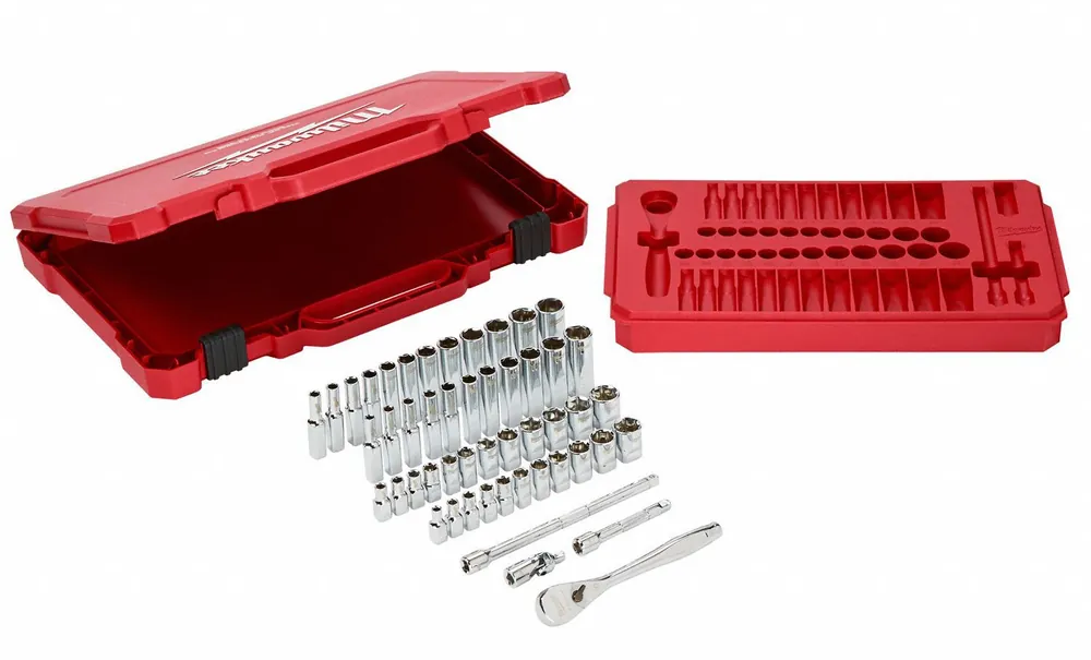 Milwaukee 48-22-9004 Ratchet & Socket Set, 1/4 in Drive, 50 Pc, SAE/Metric, Chrome Vanadium Steel