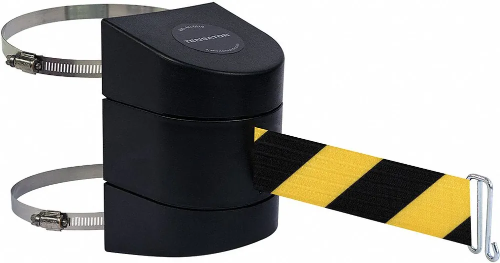 Tensabarrier 897-30-C-33-NO-D4X-A Retractable Belt Barrier, Wall Mount, 30 ft Black/Yellow Chevron Belt, Hose Clamp Mount