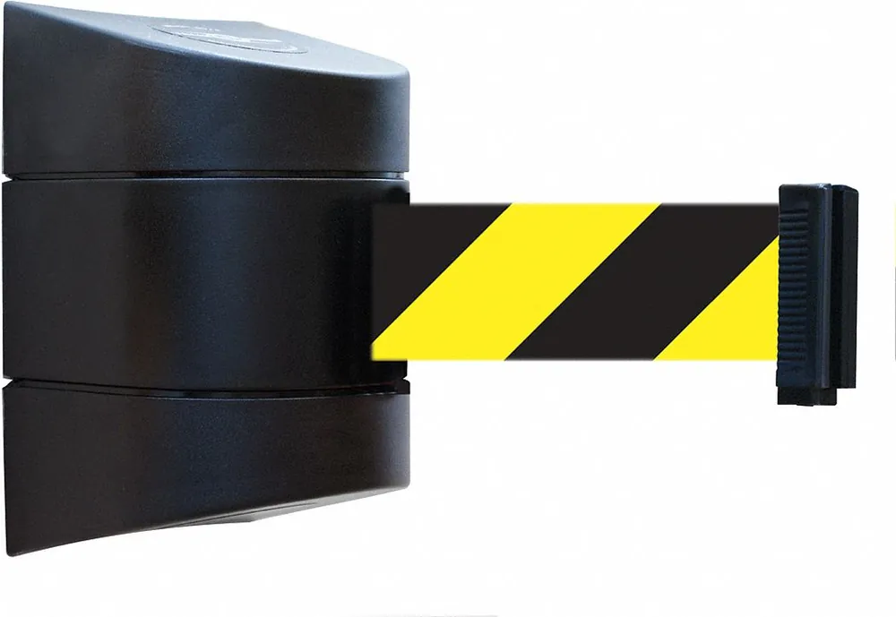 Tensabarrier 897-24-S-33-NO-D4X-C Retractable Belt Barrier, Fixed Mount, 24 ft Black/Yellow Chevron Belt, Yellow Frame