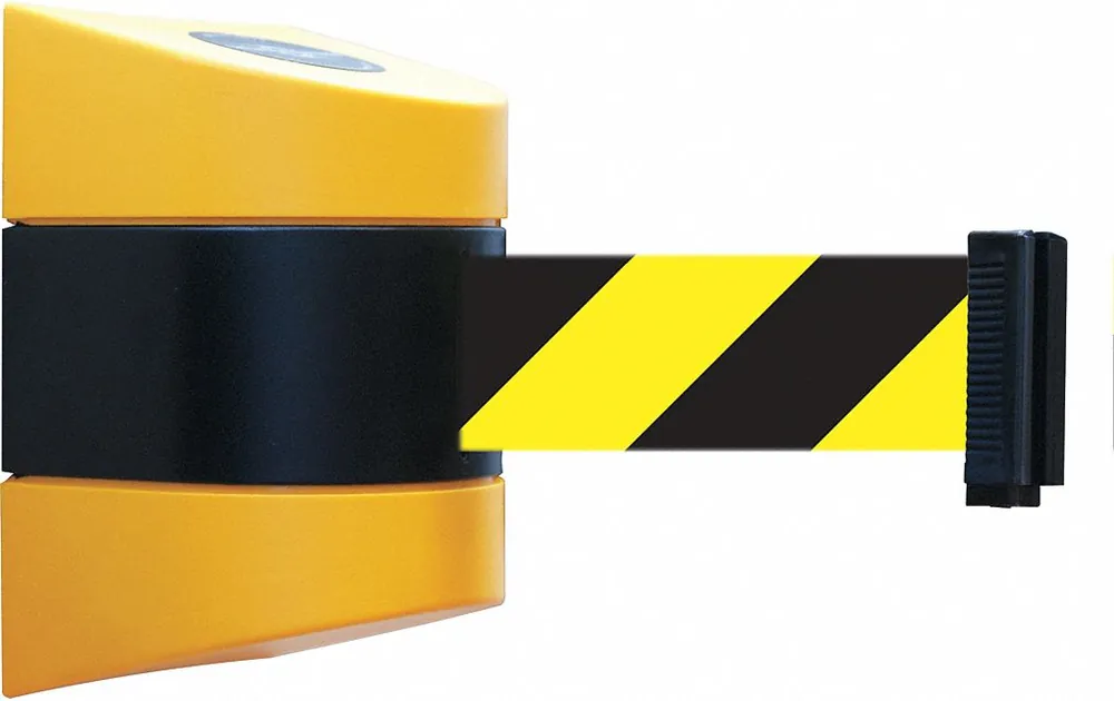 Tensabarrier 897-24-S-35-NO-D4X-C Retractable Belt Barrier, Fixed Mount, 24 ft Black/Yellow Chevron Belt, Black Frame