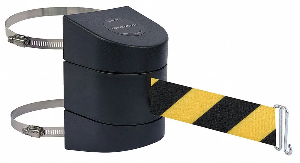 Tensabarrier 897-24-C-33-NO-D4X-A Retractable Belt Barrier, Wall Mount, 24 ft Black/Yellow Chevron Belt, Hose Clamp Mount