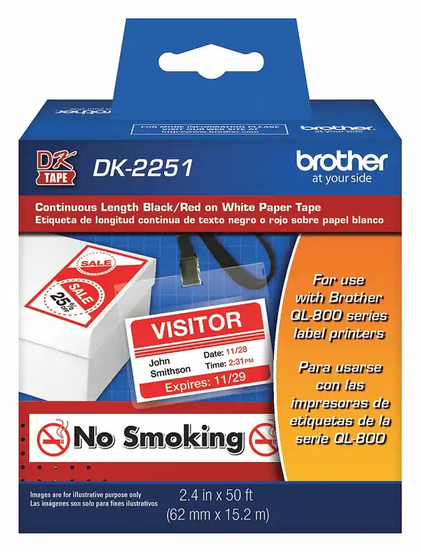 Brother DK2251 Continuous Label Roll, Black/Red on White, 2-13/32 in x 50 ft, Paper, Direct Thermal, for QL Series