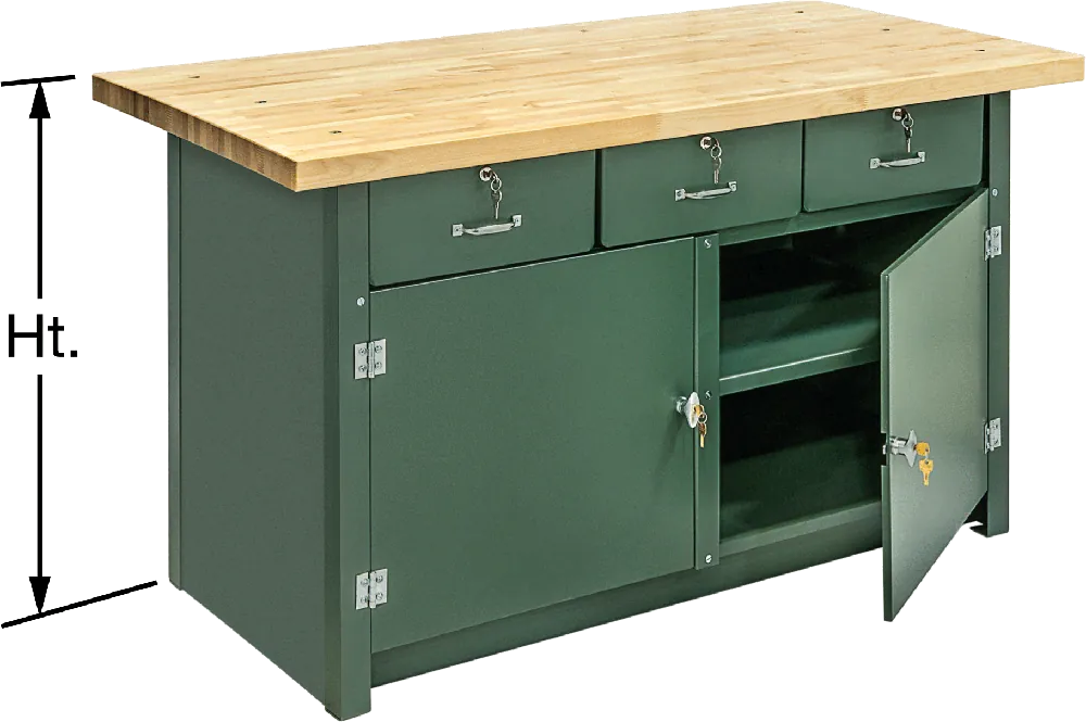 McMaster 4879T41 Heavy Duty Large-Capacity Cabinet Workbench, Stationary, Lacquer-Coated Maple Top, 72" × 30" × 33-3/4", Style A Keyed Locks
