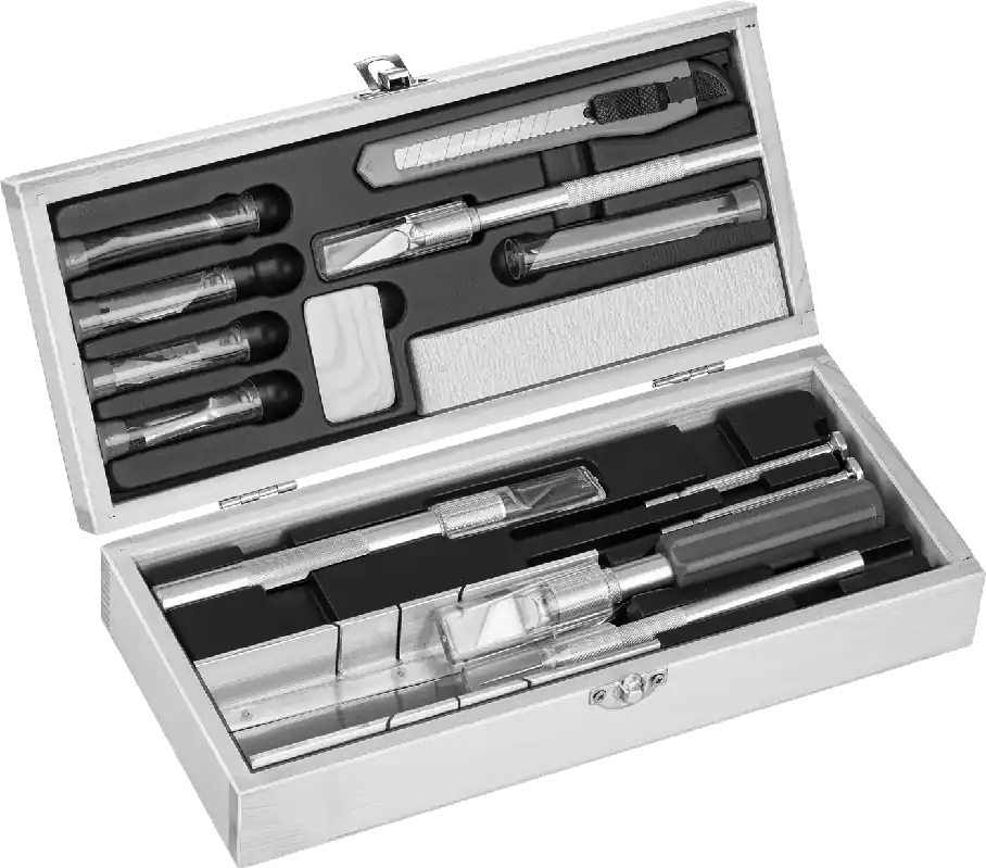 McMaster 7055A22 Precision Knife and Blade Set, 16 Blades, Aluminum and Plastic Handles, Wood Case