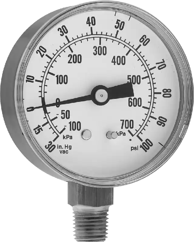 McMaster 4004K63 Dual-Scale Pressure and Vacuum Gauge with Steel Case, 2-1/2" Dial Diameter, 1/4 NPT Bottom Connection, 0–100 psi