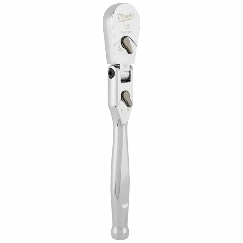 Milwaukee 48-22-9051 Flex Head Ratchet, 1/2 in Drive, 90-Tooth, Pear, Reversible, 11-1/4 in OAL, Chrome