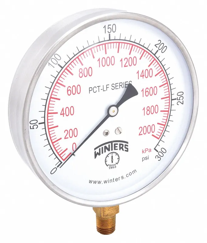 Winters PCT326LF PCT-LF Lead-Free Pressure Gauge, 0-300 psi, 4-1/2 in Dial, 1/4 in NPT Bottom, 304 SS Case, Brass Socket