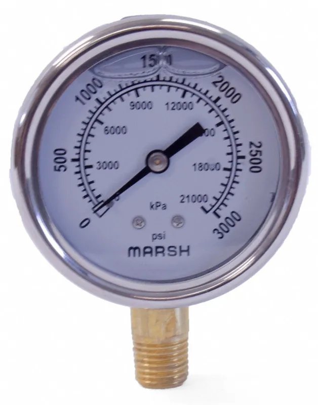 Marsh J7682P Industrial Compound Pressure Gauge, 5,000 psi / 0 kPa, 2-1/2 in Dial, 1/4 in NPT Male Bottom, Glycerin-Filled, Stainless Steel Case