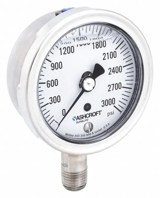 Ashcroft 1009 251009SWL02L3000 Industrial Pressure Gauge, 0-3,000 psi, 2-1/2 in Dial, 1/4 in NPT Male Bottom, Glycerin-Filled, 304 SS Case, 316L Socket/Bourdon
