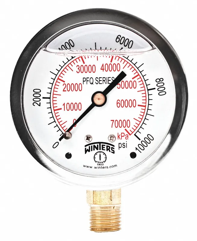 Winters PFQ813 Qual Stainless Steel / Brass Pressure Gauge, 2-1/2 in Dial, 1/4 in LM, 10,000 psi / kPa