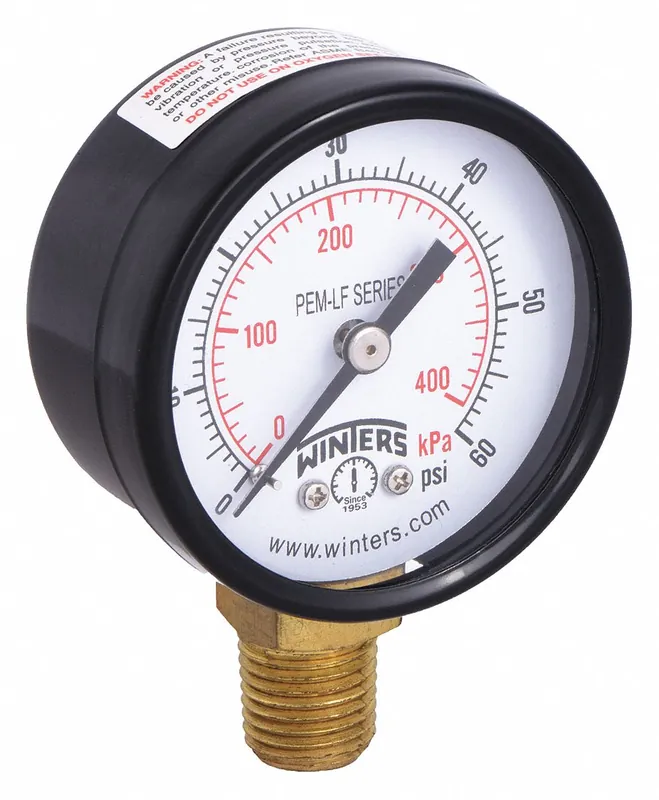 Winters PEM201LF PEM-LF Lead-Free Pressure Gauge, 0-60 psi, 2 in Dial, 1/4 in NPT Male Bottom, Steel Case, Brass Wetted