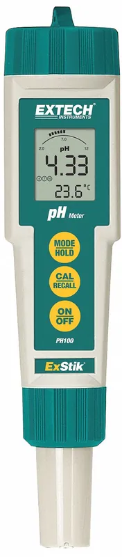 Extech PH100 ExStick Pocket pH / Temperature Meter, 0-14 pH Range, ±0.01 pH Accuracy, Smart Chip, 3-Point Calibration, Waterproof