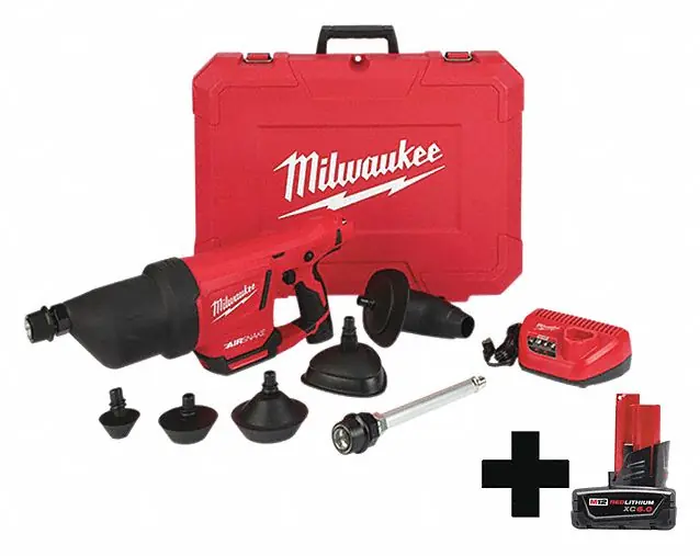 Milwaukee 2572B-21 M12 AIRSNAKE Drain Cleaning Air Gun Kit + M12 XC6.0 Battery (48-11-2460), 12V, 0-500 RPM, 50 PSI