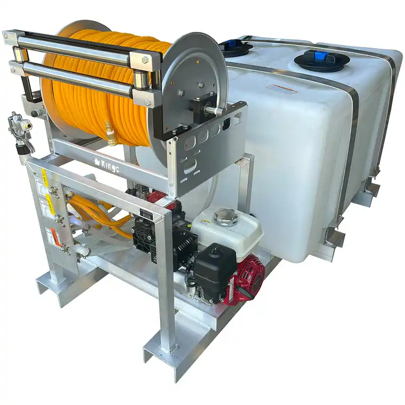100/100 Gallon Dual Tank Skid w/ 10 gpm Diaphragm Pump w/ Electric Hose Reel & 400‘ of 3/8" ID Hose **Slim Tank Design**