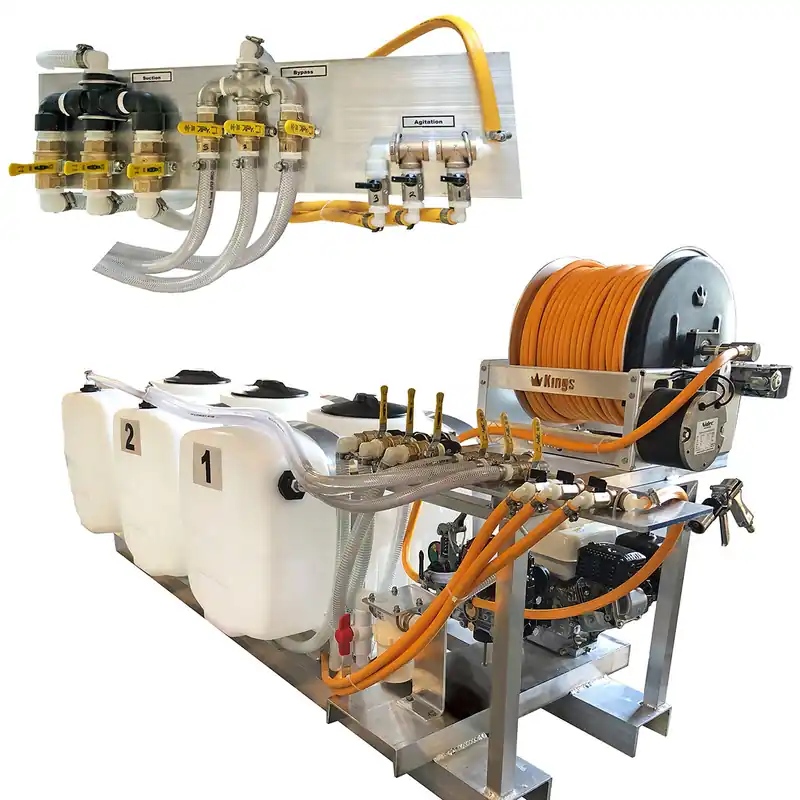 Kings Sprayers 50/50/50 Multi-Tank Skid Sprayer w/ 10 GPM Diaphragm Pump & Electric Reel w/ 300‘ 3/8" ID Hose **Custom Valve Bank**