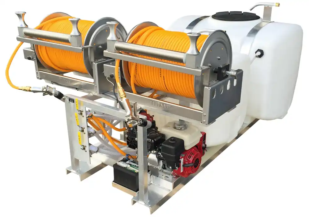 Kings Sprayers 200/100 Gallon Skid with 10 gpm Diaphragm Pump & Dual Electric Hose Reels with 300‘