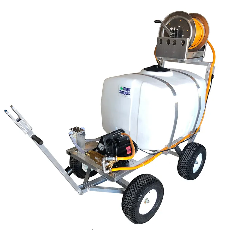 Kings Sprayers 100 Gallon "Atomization" Electric 4-Wheel Sprayer w/ 500 PSI Pumptec 120V Pump & Manual Hose Reel with 300‘ of 3/8" ID Hose