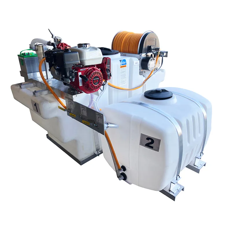 Kings Sprayers 200/100 Gallon SpaceSaver Dual Tank Skid Sprayer w/ 10 GPM Pump & Electric Reel 300‘ 1/2" ID Hose (Includes Electric Start Honda & Deep Cycle Battery Kit)