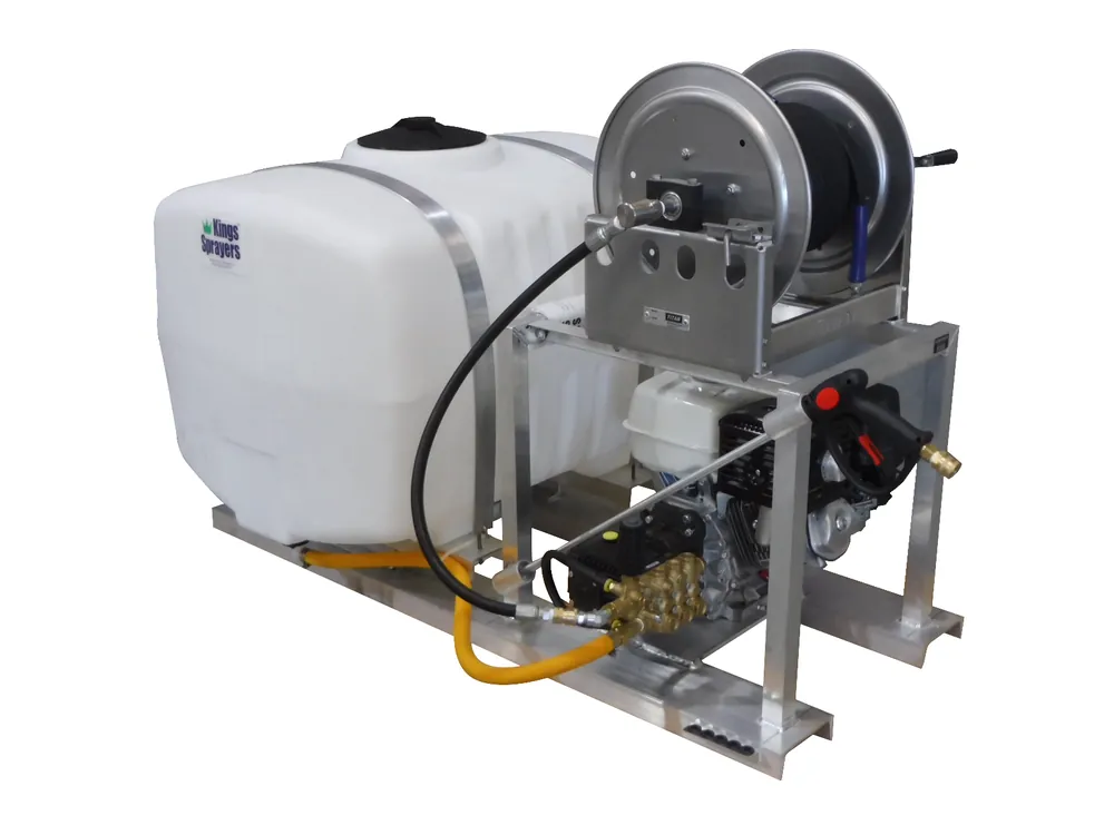 100 Gallon Pressure Washer Skid Sprayer & Manual Reel w/ 100‘ 3/8" ID 4000 PSI Hose (4 gpm, 4000 psi)